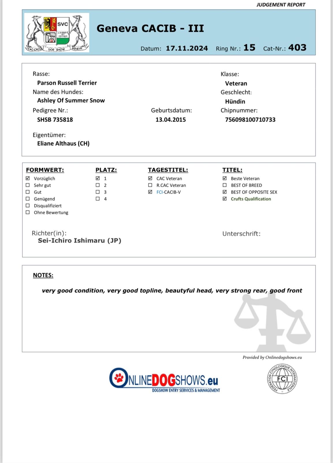 Ashley of Summersnow CACIB III Judgement Report
